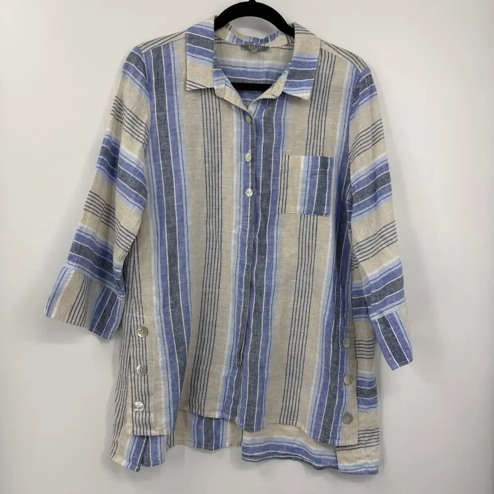 Habitat Clothes Linen Button Up Tunic Medium Blue Striped High Low Lagenlook